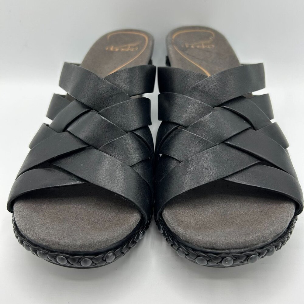 Dansko Womens Black Leather Strappy Wedge Sandals Size 40 Braided Trim - Picture 4 of 12